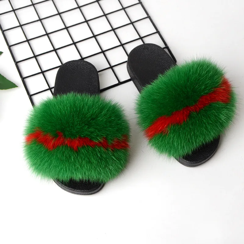 Шлепанцы из натурального Лисьего меха летние шлепанцы на плоской подошве ЭВА