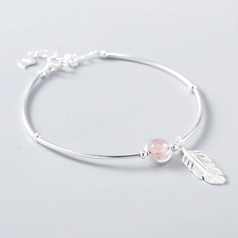 

BONLAVIE Lucky Feather Bracelet S925 Sterling Silver Strawberry White Natural Stone Simple Bracelet Girl