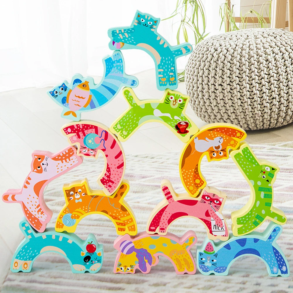 

Funny Kids Toy Stacking Game Gift Cute Cat Shape Toddler Interactive Wooden Balance Block Animal Colorful Educational Home