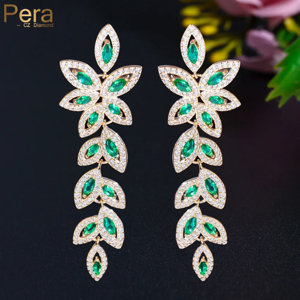 

Pera Graceful Green Leaf Shape Cubic Zirconia Long Gold Plated Dangle Drop Earrings for Bridal Luxury Party Wedding Jewelry E882