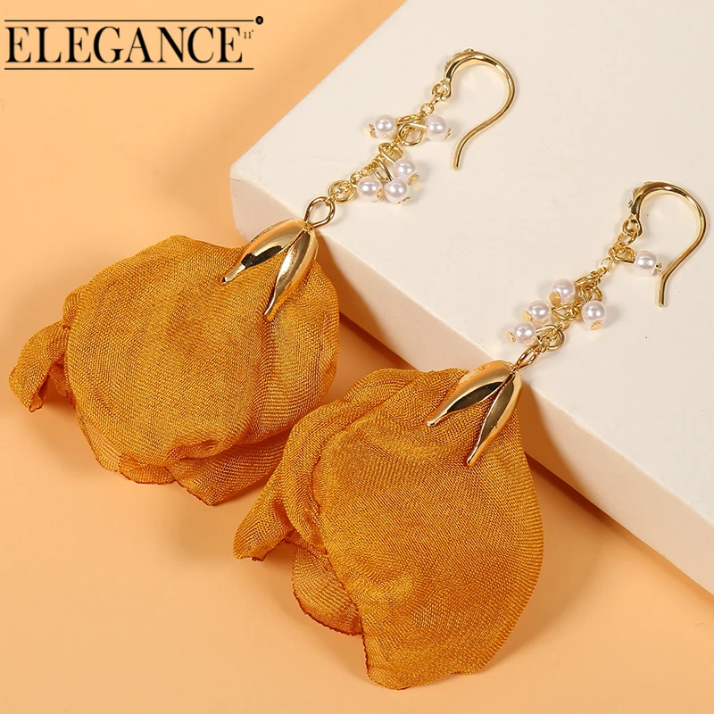 Elegance11 Women Long Flower Earrings Silk Pendant Pearl Tassel Jewelry Colorful Open Accessories Gifts for Girls | Украшения и