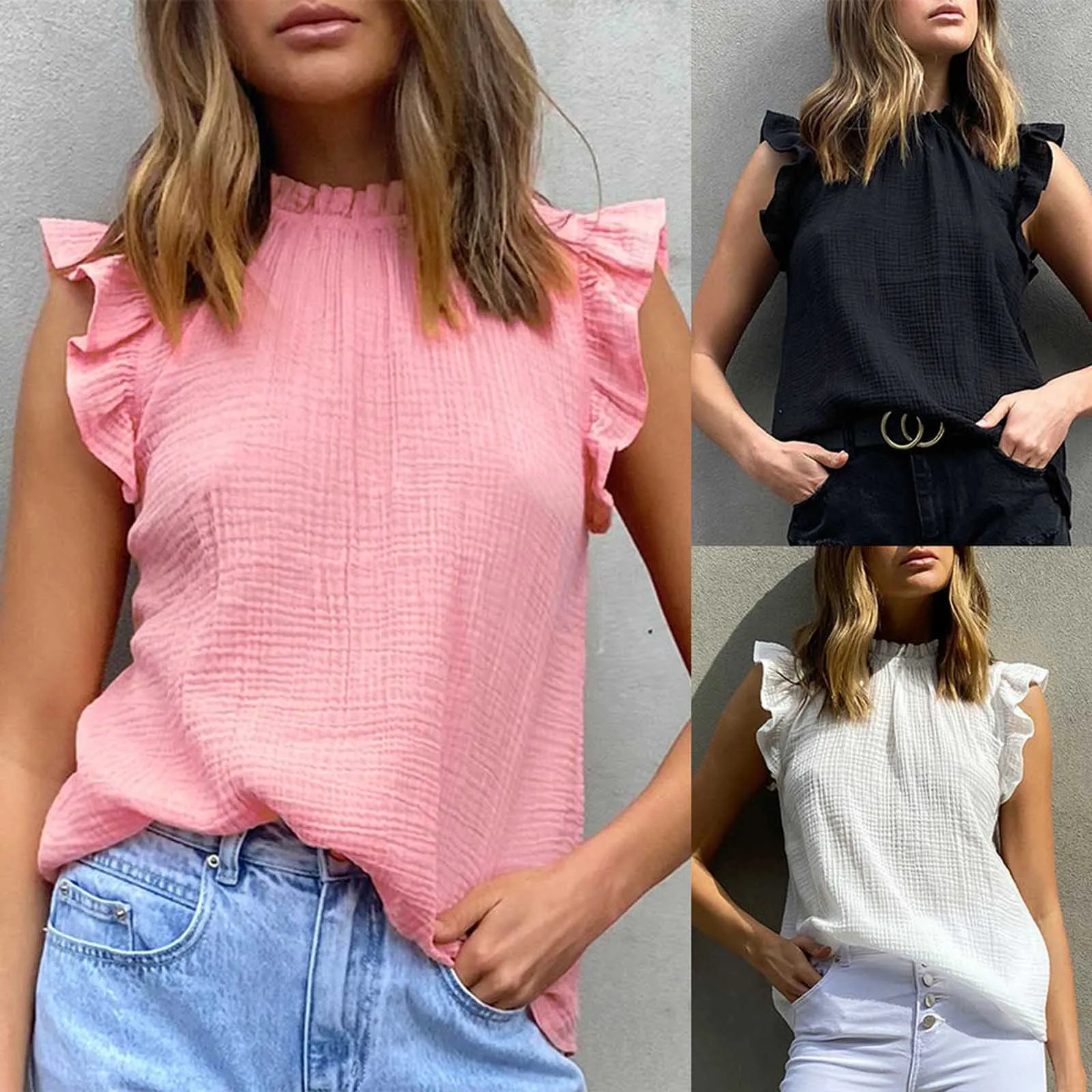 

Fashion Women Summer vest O-Neck Ruffled Vest T-Shirt Sleeveless Casual Tee Tops Pure color pleated lace M*