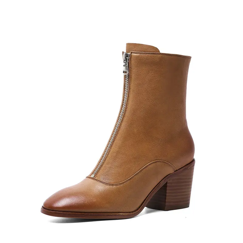 

Genuine Leather Women's Ankle Motorcycle Boots Vintage Retro Zipper Chunky High Heels Winter Snow Boots Shoes Woman