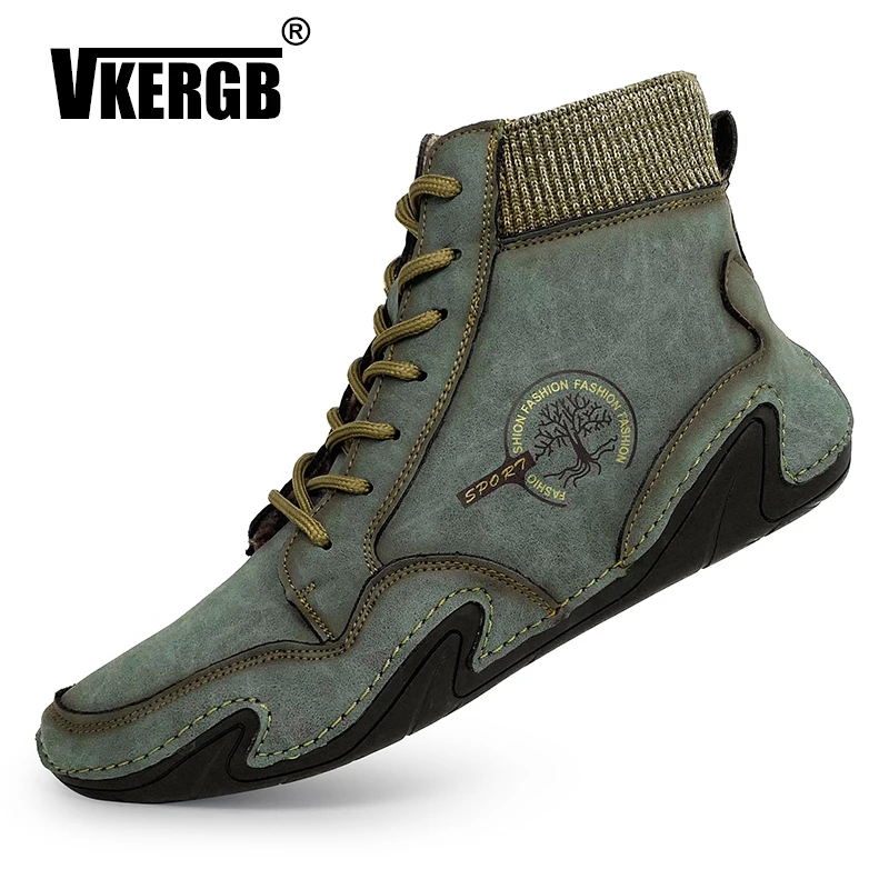 

Handmade Stitching Soft Slip Resistant Lace Up Leather Ankle Boots Men Slip Resistant Octopus Sole Comfy Soft Sock Ankle Boots