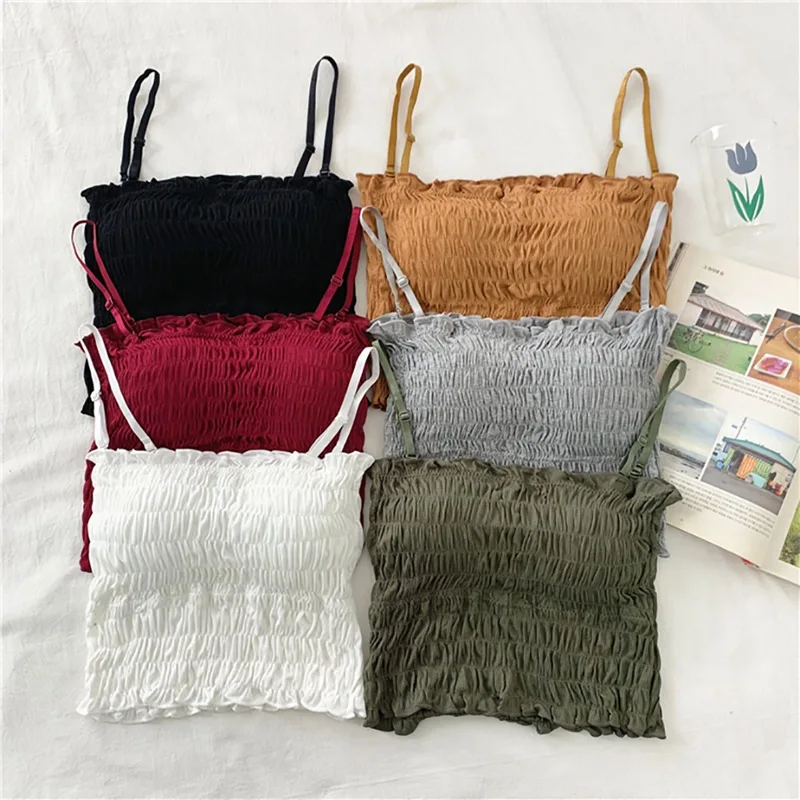 

Women Strapless Tanks Folding Bottom Camisole Female Cotton Thread Wrapped Chest Sweet Inside Pleated Top