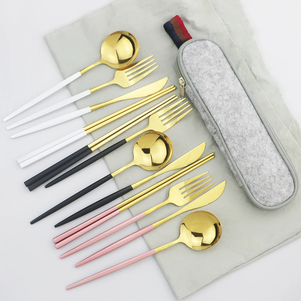 Набор столовой посуды из нержавеющей стали розовое золото для путешествий