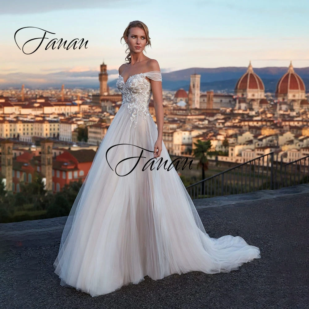 

Женское свадебное платье с открытыми плечами, ТРАПЕЦИЕВИДНОЕ платье из фатина со шлейфом, свадебное платье