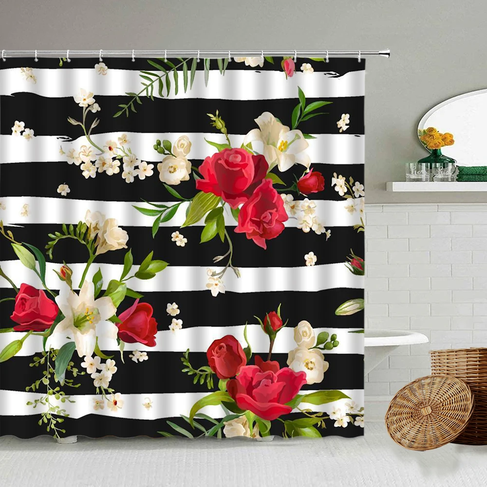 

Red Rose Floral Flower Blooming Shower Curtain Set Bathroom Waterproof Fabric Screen Black White Zebra Stripe Bathtub Decoration