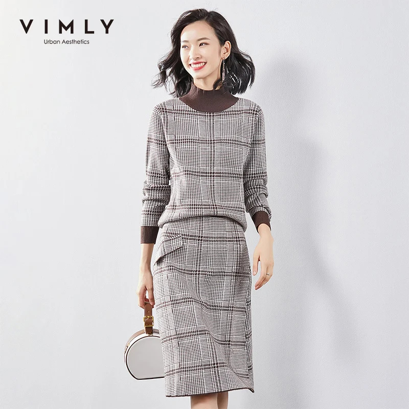 Vimly 2020 осенне зимний вязаный женский комплект винтажный пуловер в клетку с