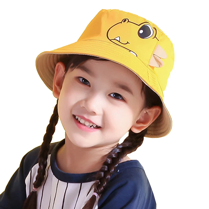 Children Fisherman Hat Yellow Cartoon Dinosaur Outdoor Beach Sun Bucket Hats Spring Autumn Casual Double-Sided Unisex Cap Girls 2019 baby fisherman hat girls fashion boy hats spring summer cap casual cartoon