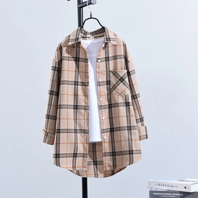 

Plaid Shirt women's spring and autumn 2021 new loose long sleeve frosted retro student shirt loose coat