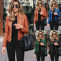 ladies pu leather jacket solid color zipper self cultivation lapel punk short motorcycle jacket2021spring and autumn fashion new