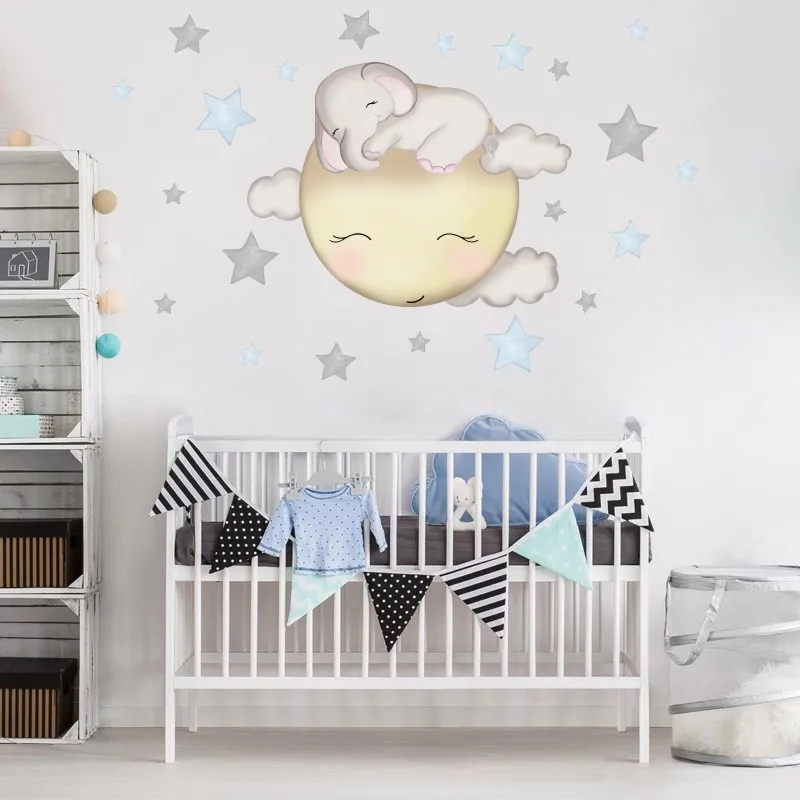 

Cartoon Elephant Stars Wall Stickers for Kids Room Baby Nursery Room Decoration Wall Decals Cloud Moon Stars House Stickers