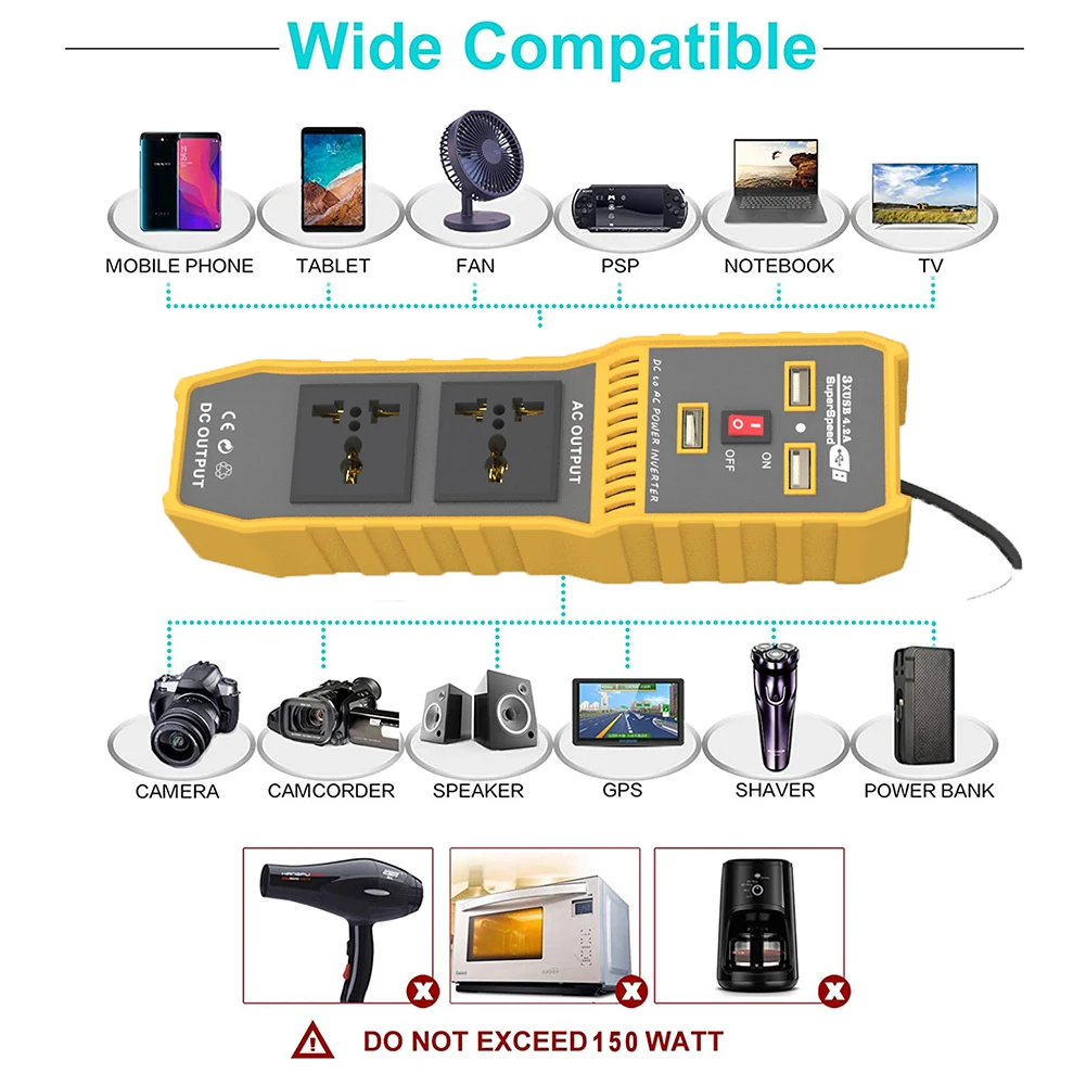 

200W Car Power Inverter DC 12V to AC 220V/110V Modified Sine Wave Converter with 2 AC Sockets & One Cigar Lighter Port & 3 USB