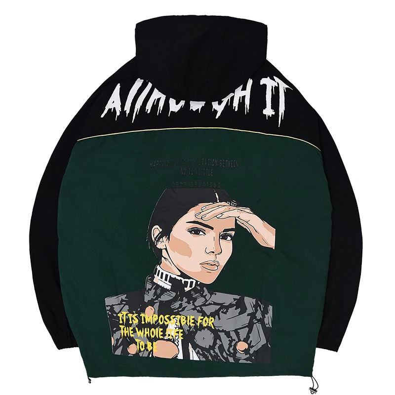 

Men Streetwear Fashion Cargo Jacket Casual Harajuku Hip Hop Spell Color Splicing Hooded Funny Cute Cartoon Printed Outwear Coats