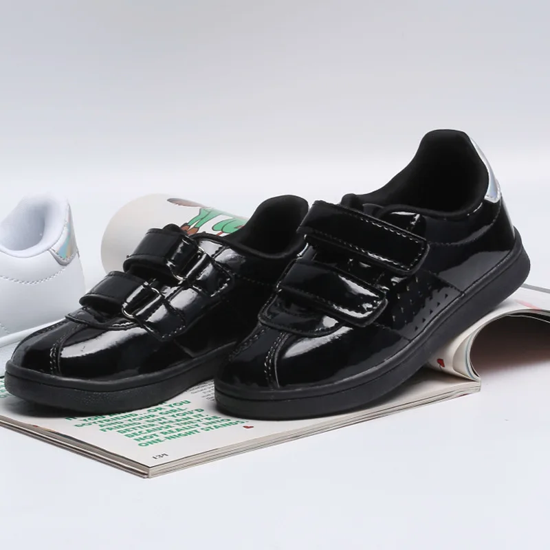 Кроссовки из лакированной кожи для мальчиков и девочек черно-белые кроссовки