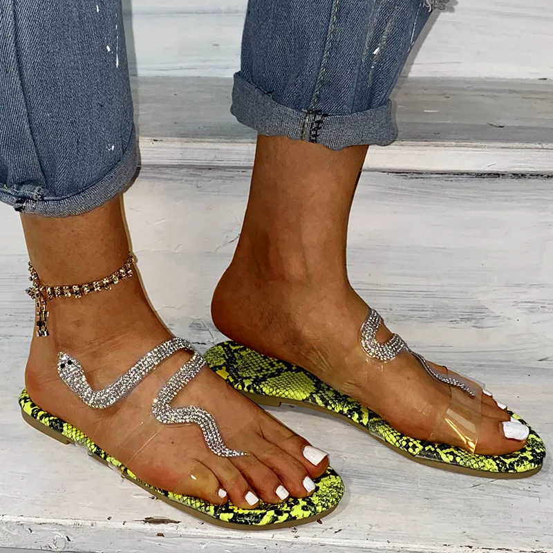 

Rhinestone Snake Sandals Women Transparent Mules Slipper Print Flat Sandals Ladies Designer Summer Slides Shoes Large Size 42 43