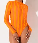 Оранжевыйчерный полосатый прозрачный сетчатый комбинезон женский с длинным рукавом бодикон прозрачный боди Топ для фитнеса тренировки Клубные комбинезоны осень