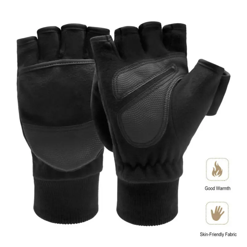 Men Winter Fleece Half Finger Flip Gloves Double Layer Thicken Touch Screen Fingerless Convertible Mittens Wrist Gym PU | Аксессуары для
