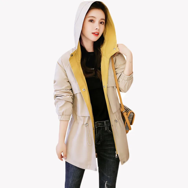 

New Fad Spring Autumn Trench Coat Women's Hooded Long-Sleeve Casual Windbreaker Female Plus size Loose Coat Outerwear Tops AH20
