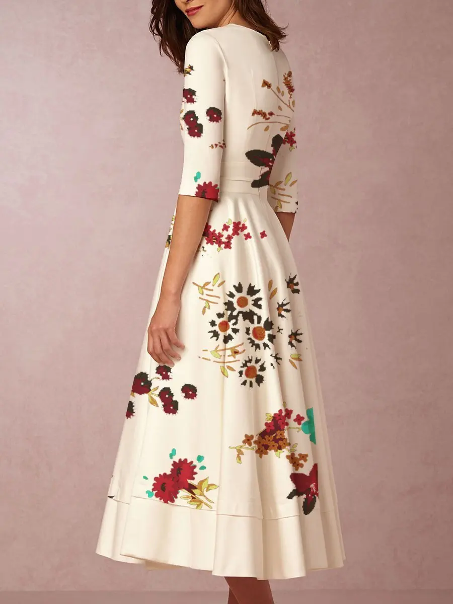 Женское Цветочное платье макси офисное с V образным вырезом и средним рукавом в