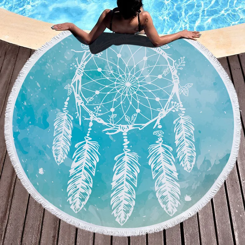 

Large Round Beach Towel Creative Printing Feather Pattern Microfiber Fabric Bathroom Bath Outdoor Swimming Towel Travel Towel