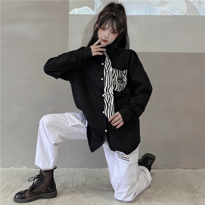 

Harajuku Style Dark Pocket Drawstring Women's Shirt Stitching Zebra Pattern Loose Long Sleeve Women's Blouse Streetwear Shirt