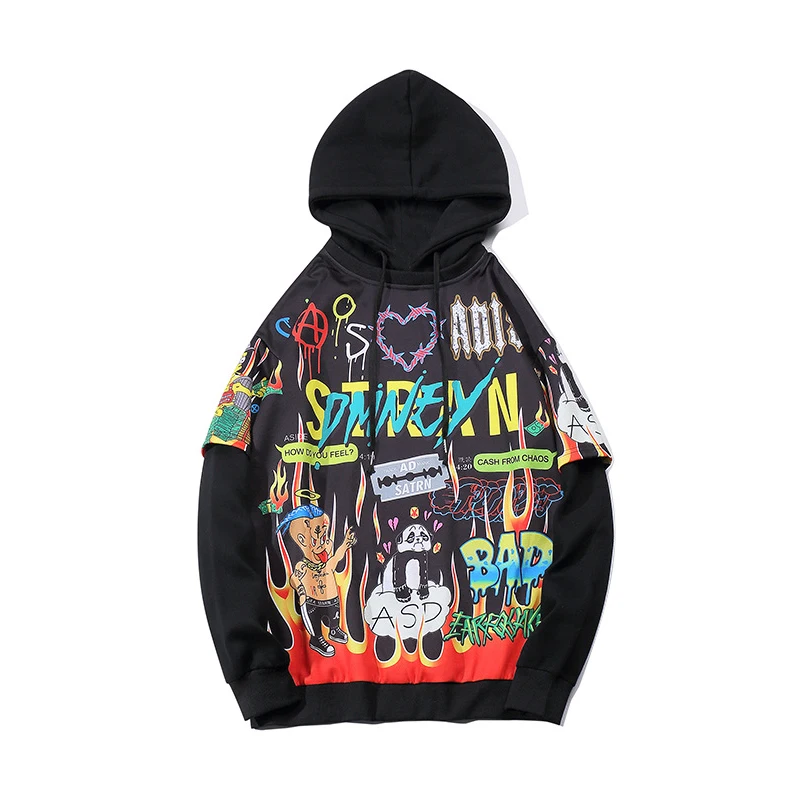 black hoodies Plegie оригинальные толстовки для мужчин мультфильм печати пуловер свободные с капюшоном осень поддельные два предмета Толстовка Уличная толстовки для пар - Цвет: black hoodies