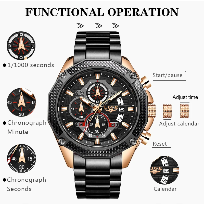 Часы наручные LIGE Мужские кварцевые брендовые Роскошные спортивные