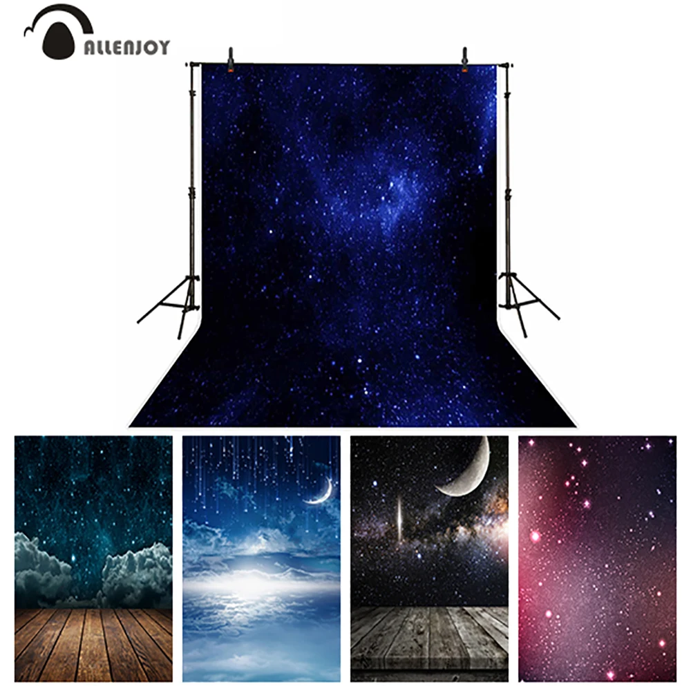 Allenjoy Starry Night Background Dreamy Sky Baby Shower Space Mysterious Moon Star Cloud Wooden Floor Glitter Backdrop Banner |