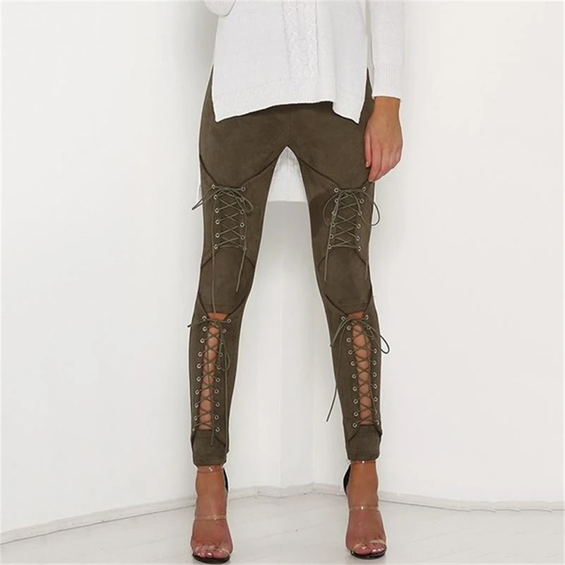

Autumn Sexy Women Lace Up Faux Suede Stretch Bodycon Pencil Pants Hollow Out Winter Female High Waist Bandage Pants