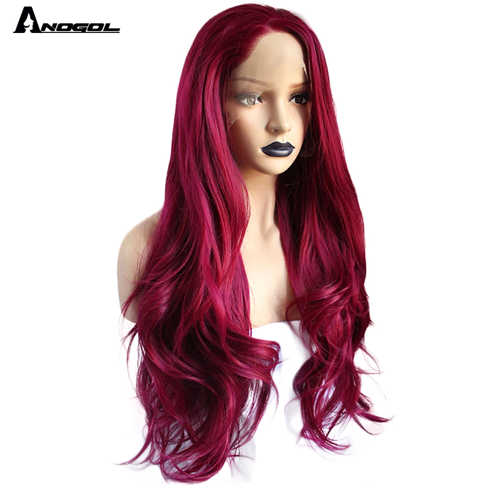 

Anogol Burgundy Synthetic Lace Front Wig High Temperature Fiber Long Natural Body Wave Wine Red Wigs For Women