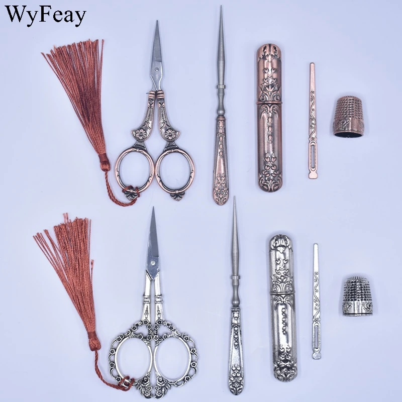

Ретро Винтаж набор профессиональных парикмахерских ножниц шило + нити + толкательный станок для резки и вышивка инструменты для шитья портн...