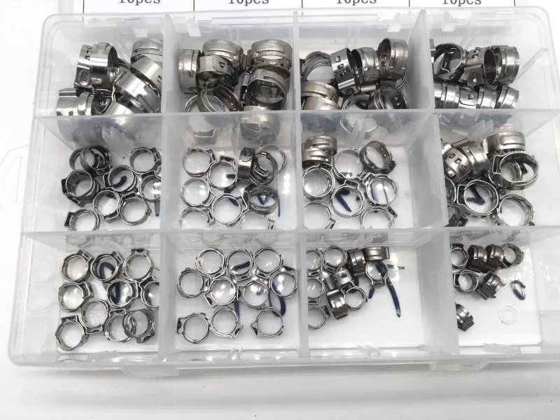 

Free shipping Pipe Clamp High Quality 120 PCS Stainless Steel 304 Single Ear Hose Clamps Assortment Kit Single with box