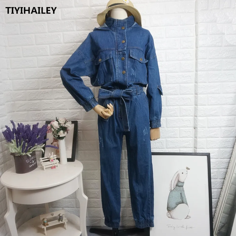TIYIHAILEY Free Shipping Long Sleeve Women Denim Jumpsuit And Rompers S-XL Spring And Autumn Trousers With Belt Hooded Overalls