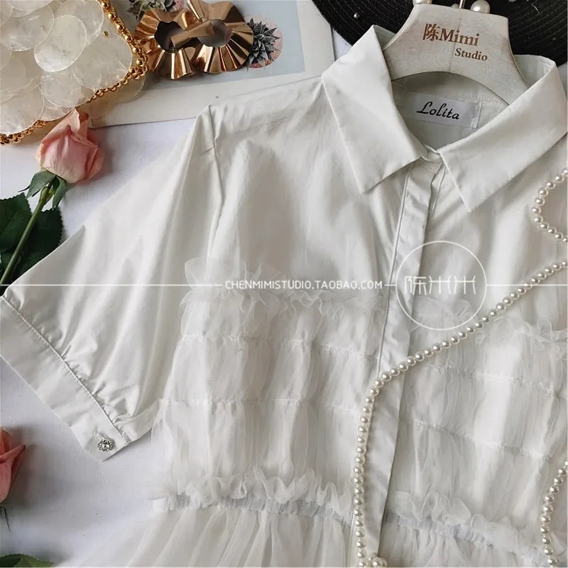 

Stripes Stitching Gauzy Shirt Lapel Western Style Top 2021 Summer Short Sleeve Camisas Mujer Patchwork Slim Waist Blouse Women