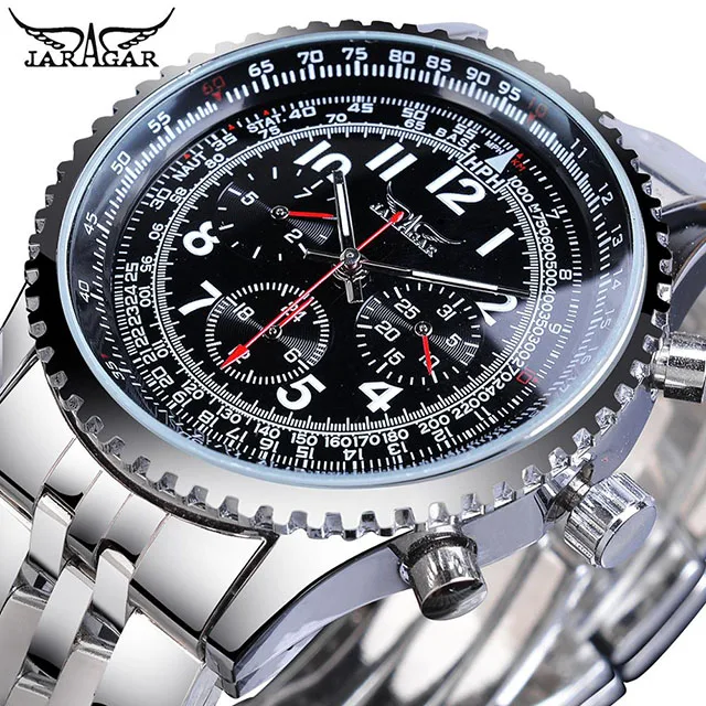 GMT1078-1 Мужские автоматические часы Jaragar Pilot, черные, с 3 циферблатами, многофункциональные, механические, стальные, спортивные часы, лучший бренд, роскошные мужские наручные часы - Цвет: GMT1078-1
