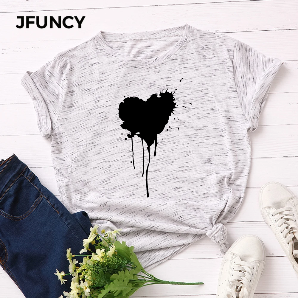 

JFUNCY Plus Size Women Cotton T Shirt Ink Stains Print Woman Casual Tshirt 2020 Summer T-shirts Female Short Sleeve Tee Tops