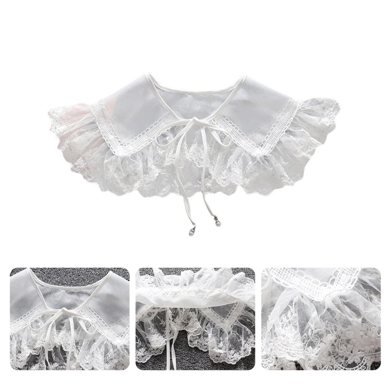 

Women White Ruffled Floral Lace Trim Fake Collar Shawl Bows Neckline Capelet for Women Ladies
