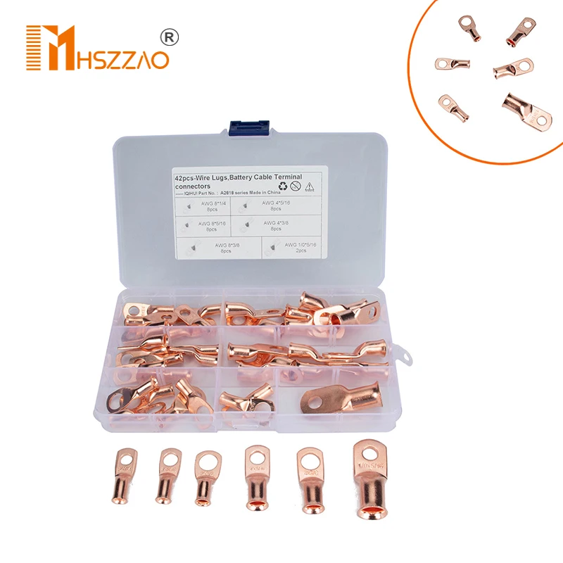 

42 шт., 6 спецификаций, медный сверхмощный холоднопрессованный наконечник AGW, американский стандарт T2, медные наконечники кабеля аккумулятор...