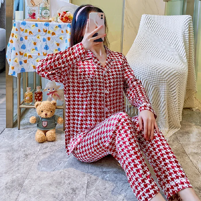 Women's Pajamas Ice Silk Long-sleeved Trousers Cardigan Suit Cute and Sweet Loose Plus Size Home Service Sexy Pjs Sleepwear