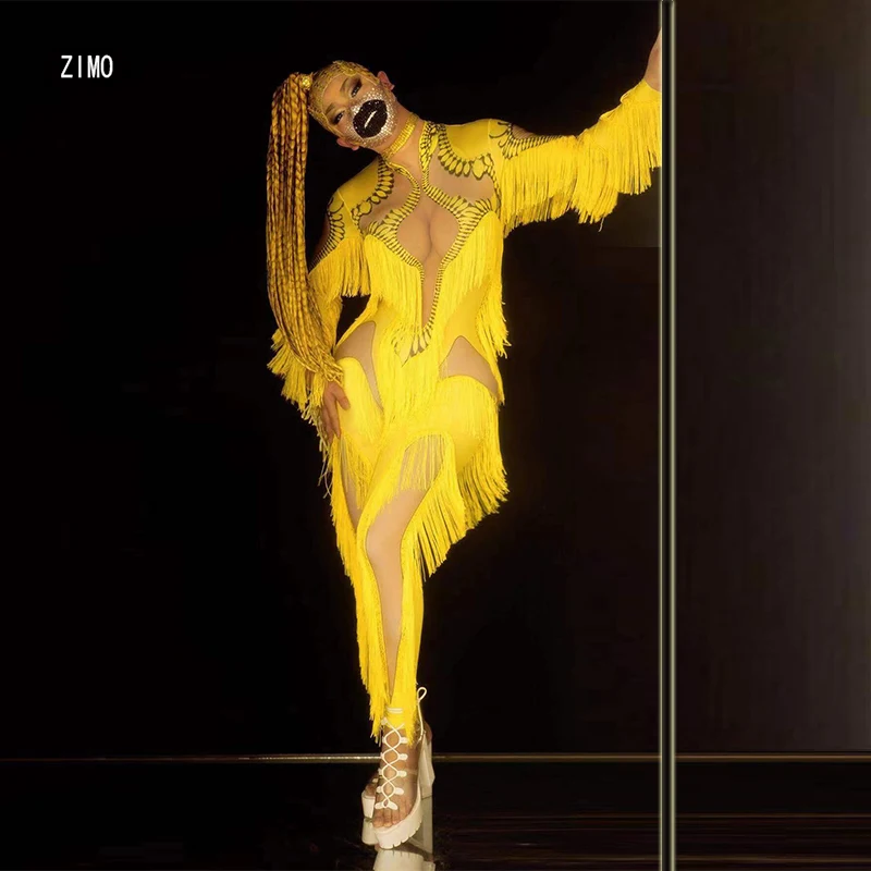 

Выступления на сцене с бахромой пикантные комбинезон для женщин боди желтый танцевальный наряд для ночного клуба или бара DJ певица одежда н...