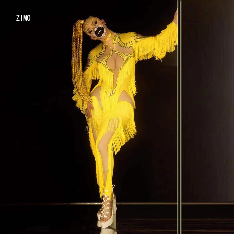 

Stage Performance Fringe sexy Jumpsuit women Bodysuit yellow Dance Costume Nightclub Bar DJ Singer Dancer Wear birthday designer