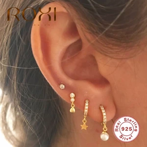 Серьги-подвески ROXI из стерлингового серебра 925 пробы с жемчугом женские, круглые серьги-кольца с кристаллами циркония, ювелирные изделия