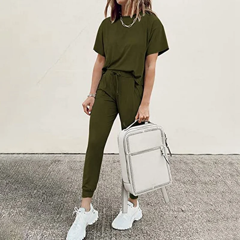 

Summer Solid Beach Strap V Neck Two Piece Set Short Sleeve Top And Pants Drawstring Pink 2 Piece Women Set Casual Outfits