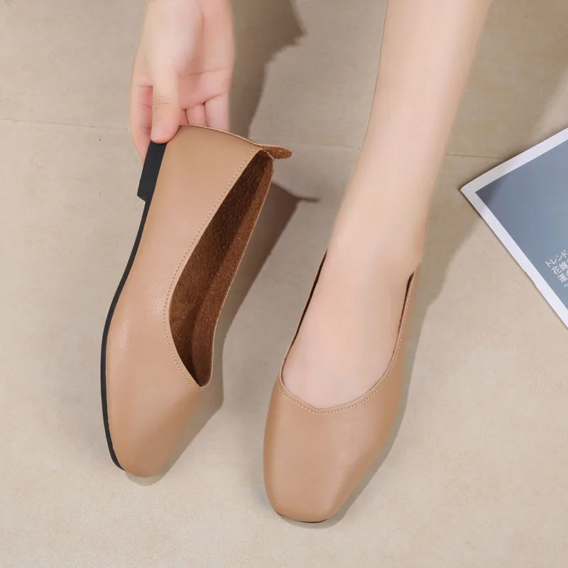 Туфли женские в стиле ретро кожа плоская подошва квадратный носок без застежки