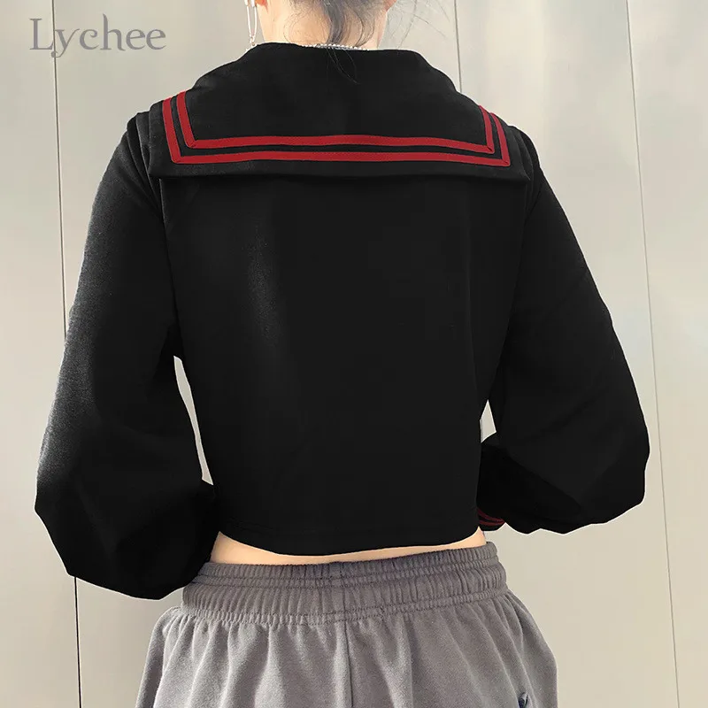 Lychee Harajuku Повседневная опрятная женская укороченная куртка на молнии с матросским воротником в полоску Женская куртка весна осень женские укороченные куртки топы