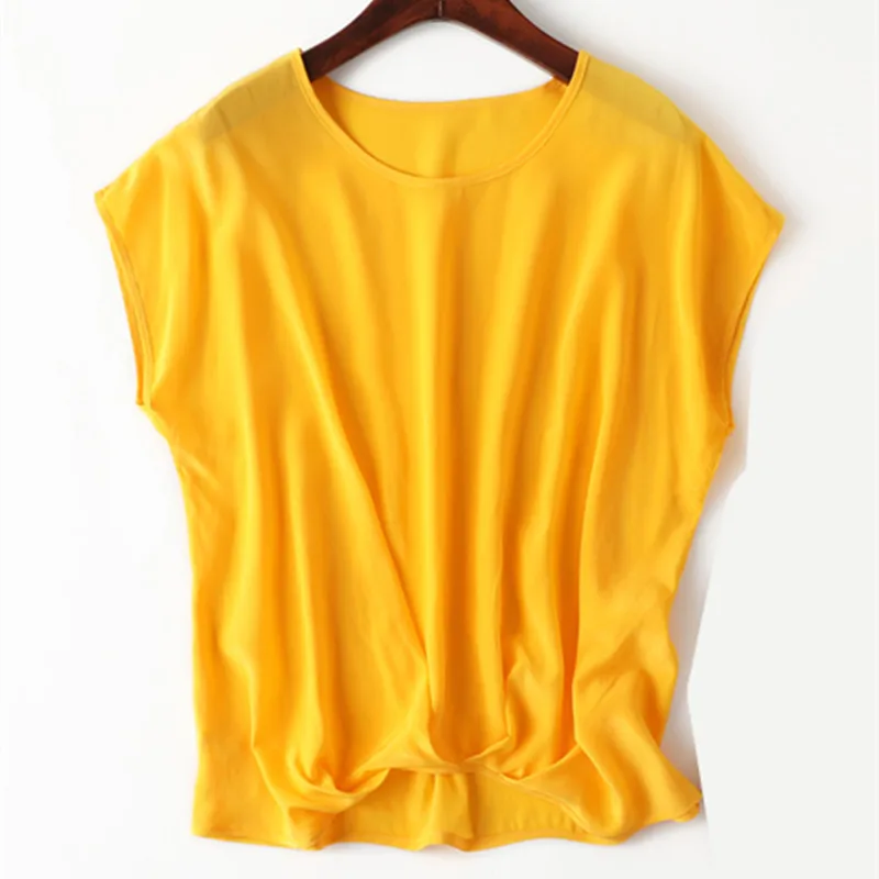 Женская летняя 100% шелковая блузка с круглым вырезом желтая офисная одежда
