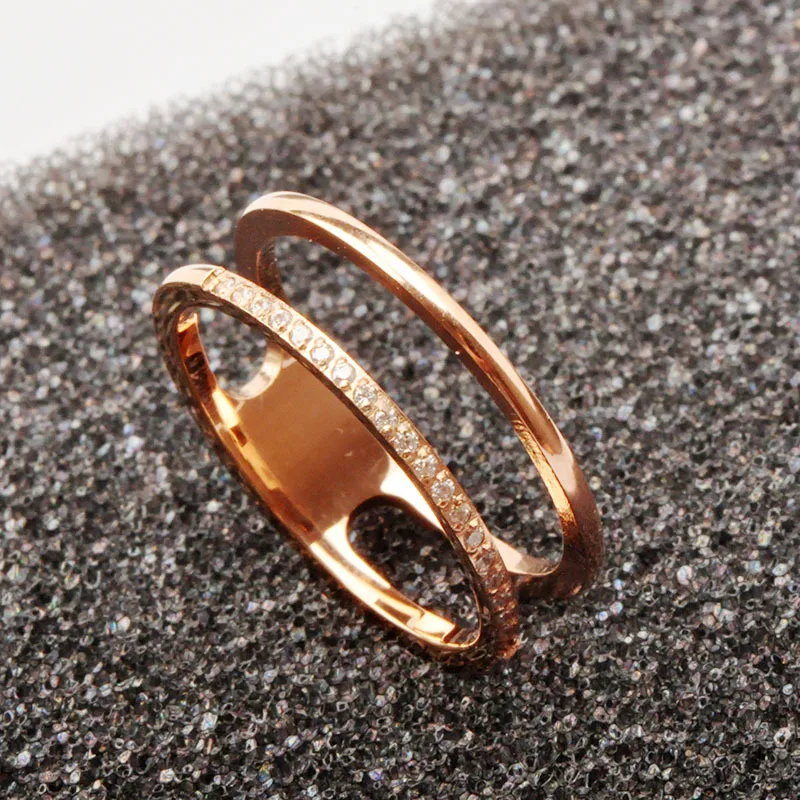 

New Titanium Steel Ring Fashion Zircon Jewelry Finger Accessories Fastness Hollow Out Fine Ornament Rose Gold Wholesale