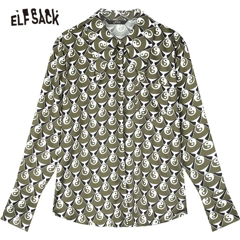 

ELFSACK Chinese Tai Chi Print Single Breasted Casual Satin Shirt Women,2020 Autumn Vintage Full Sleeve,Korean Ladeis Daily Top